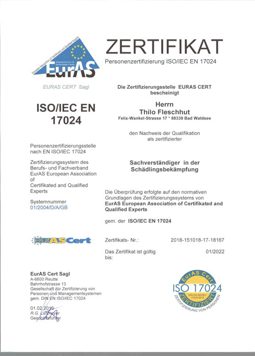 Zertifikat von Fleschhut Schädlingsbekämpfung zum Download